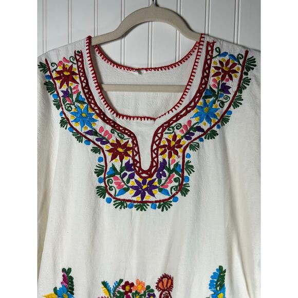 Zaros Artesanias Vestido/Kimonas Hand Made Embroidered Dress White Sz L hippie - Picture 2 of 11